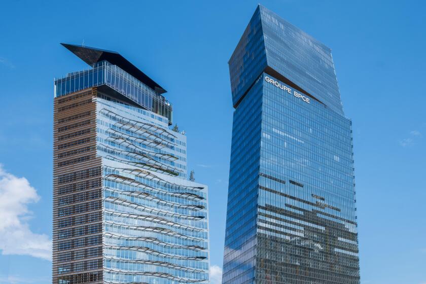Exterior view of the towers housing the headquarters of the French banking group BPCE