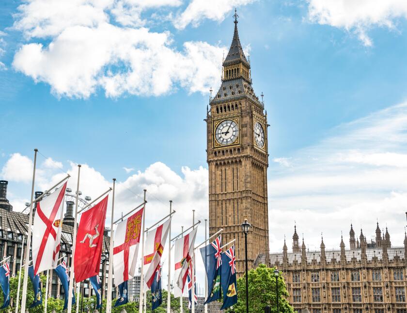 Flags with Big Ben, London, England, Great Britain