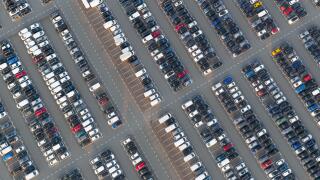 Large fleet of business vehicles at a car leasing company, showing mobility, transport, logistics, and corporate vehicle management.