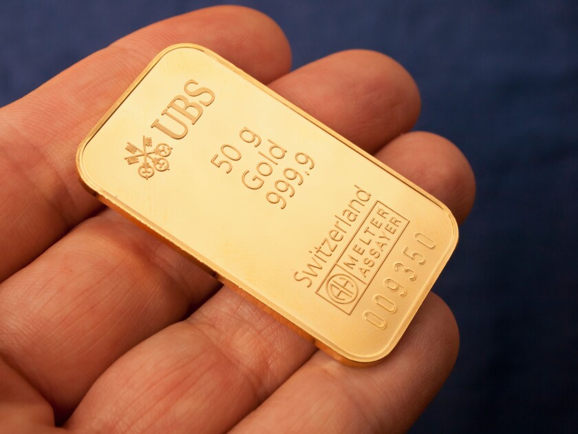 A 50g gold ingot issued by the Swiss bank UBS.