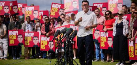 Andy Burnham at Ashton FC after his victory in the Makerfield by-election