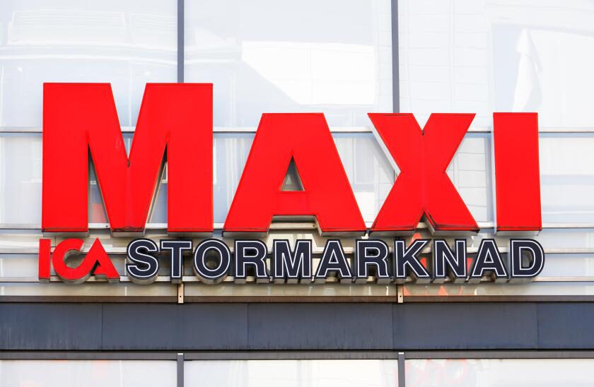 Solna, Sweden - March 10, 2016: Exterior sign at the Ica Maxi supermarket located in the Solna Business Park district.