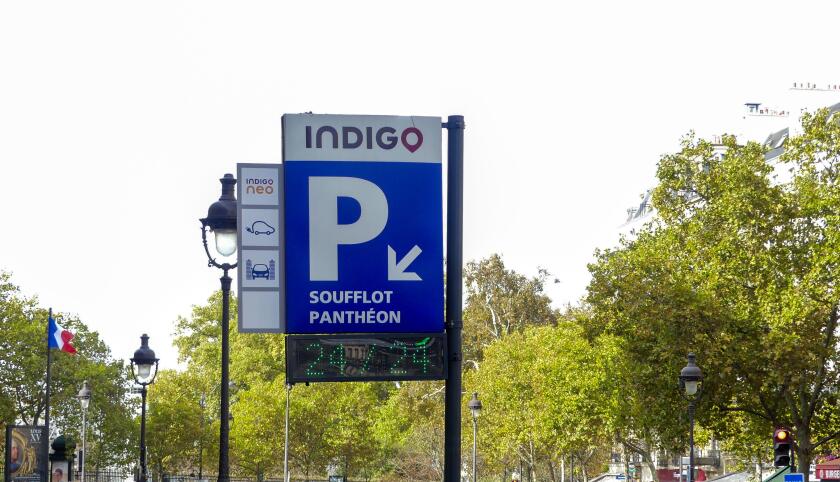Paris, France. October 30. 2022. Paying underground parking in the city, for car and motorbike. Entrance to an Indigo car park.