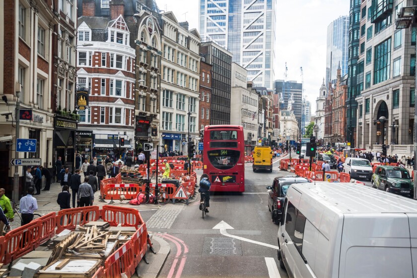 Traffic and roadworks on Liverpool Street, East London, UK