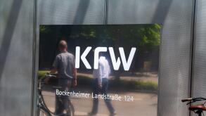 Logo of KfW (Kreditanstalt fur Wiederaufbau) in Bockenheimer LandstraBe in Frankfurt am Main (June 14, 2023)