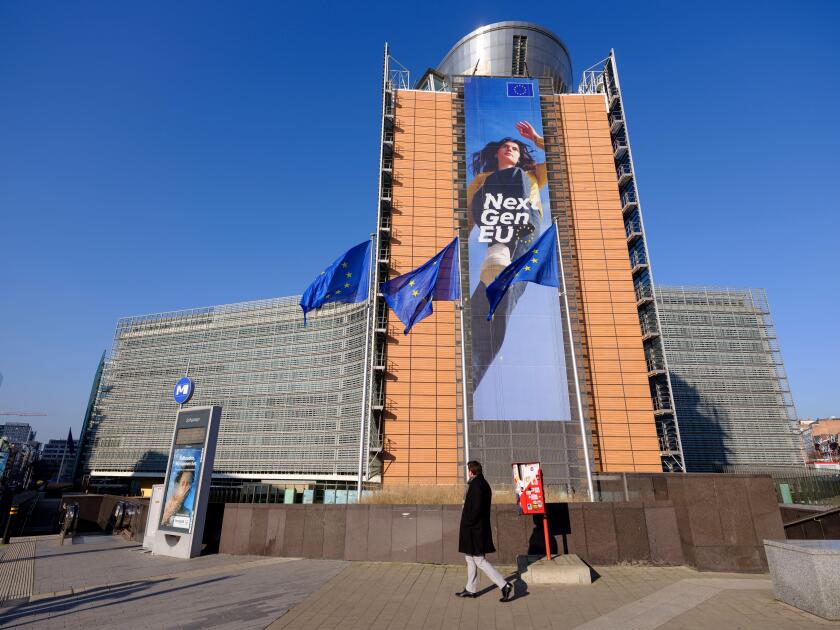 Belgium, Brussels: the Berlaymont building and poster for the Next Generation EU