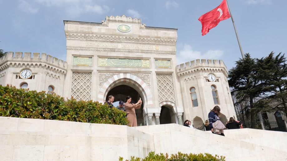 Istanbul Turkey - the main entrance gate to the Istanbul University with visitors in March 2024