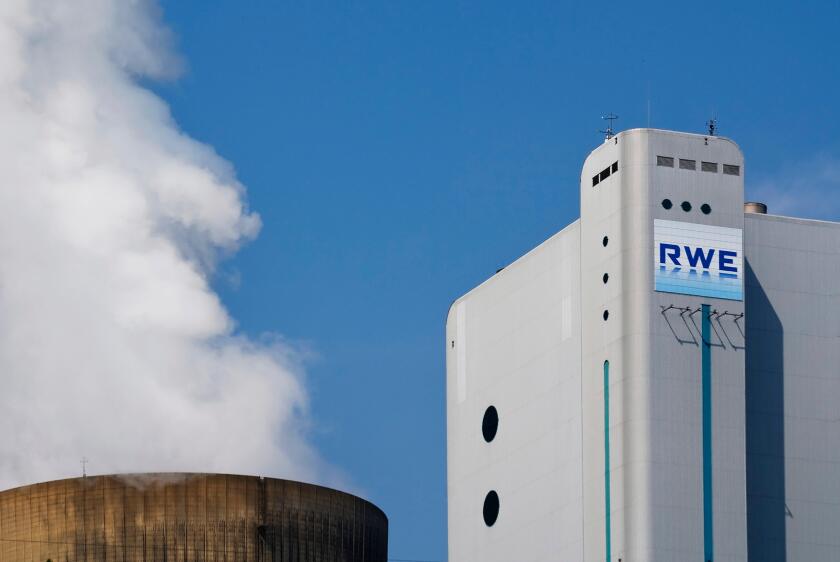 RWE AG, logo of power company on plant at Niederaussem Bergheim lignite power plant, North Rhine-Westphalia