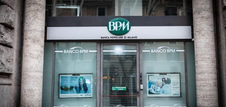 ROME, ITALY - JANUARY 15, 2025: Facade of Banco BPM (Banca Popolare di Milano) branch shows green BPM logo; banco Popolare di Milano is an italian ret