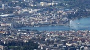 Lake Geneva and water jet, the world's tallest fountain, Geneva, Switzerland, Europe