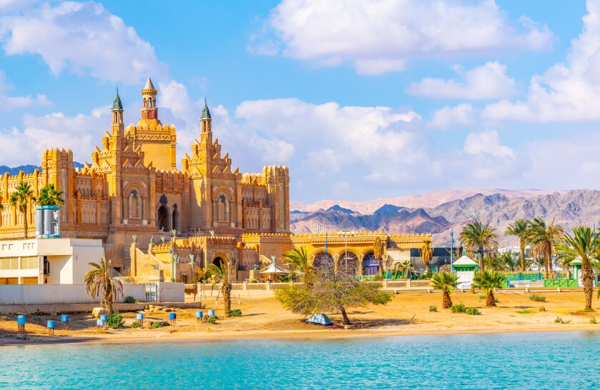 Cityscape of Eilat viewed behind the peace lagoon, Israel