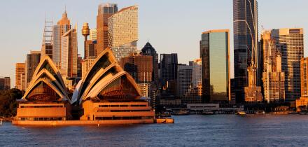 View of downtown Sydney, Australia and the Sydney Opera House overlooking Sydney Harbor.