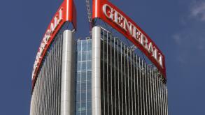 Sign of the Assicurazioni Generali Italian insurance company on top of the Generali Tower in Milan designed by Zaha Hadid Architects