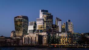 London skyline at dusk, London, UK