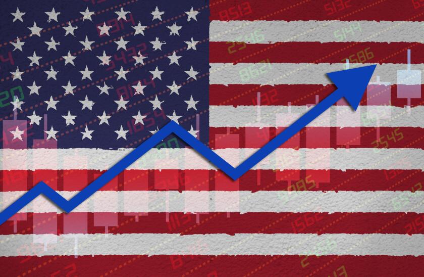 Economic recovery with stock market chart arrow up in positive territory over US flag painted on wall. Business and financial money market upturn conc