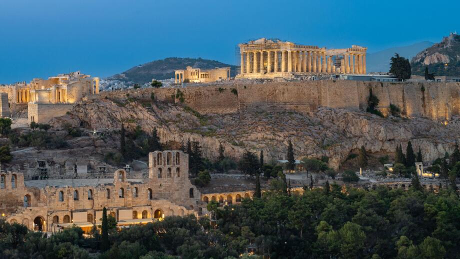 Acropolis of Athens in Greece at night.