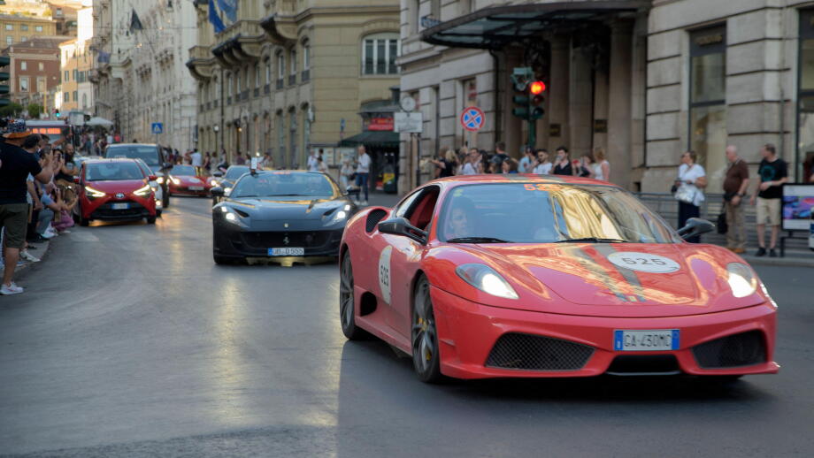 June 13, 2024, Rome, Italy: Some modern Ferrari cars participating in the re-enactment of the Mille Miglia (one thousand miles) in Rome. The Mille Miglia was a speed road car competition held in Italy from 1927 to 1957 with start and finish in Brescia in 