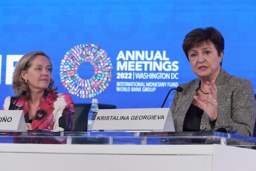 October 14, 2022, Washington, Distric of Columbia, USA: International Monetary and Financial Committee(IMFC) Chair NADIA CALVIA?O and IMF Manager Director KRISTALINA GEORGIEVA speak during a press briefing today on October 14, 2022 at HQ1/IMF in Washingto