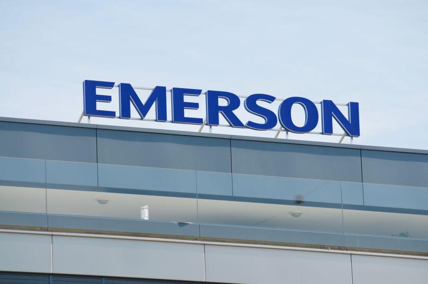 Baar, Zug, Switzerland - 28th March 2021 : Emerson Electric Co. company sign in Baar, Switzerland. Emerson is an American multinational corporation ma