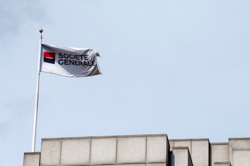 Societe Generale Bank flag on building in London UK. Image shot 2012. Exact date unknown.