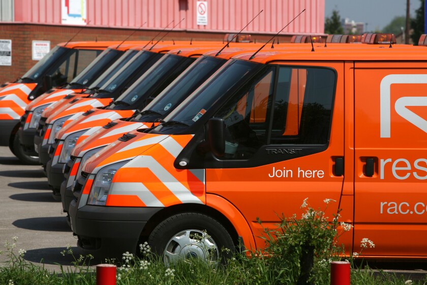 RAC breakdown recovery vans parked in a fleet
