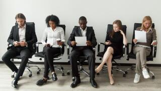 Nervous stressed job applicants preparing for interview waiting 