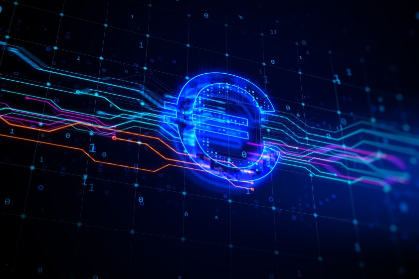 Creative,Glowing,Blue,Euro,Sign,Hologram,On,Blurry,Backdrop.,Digital