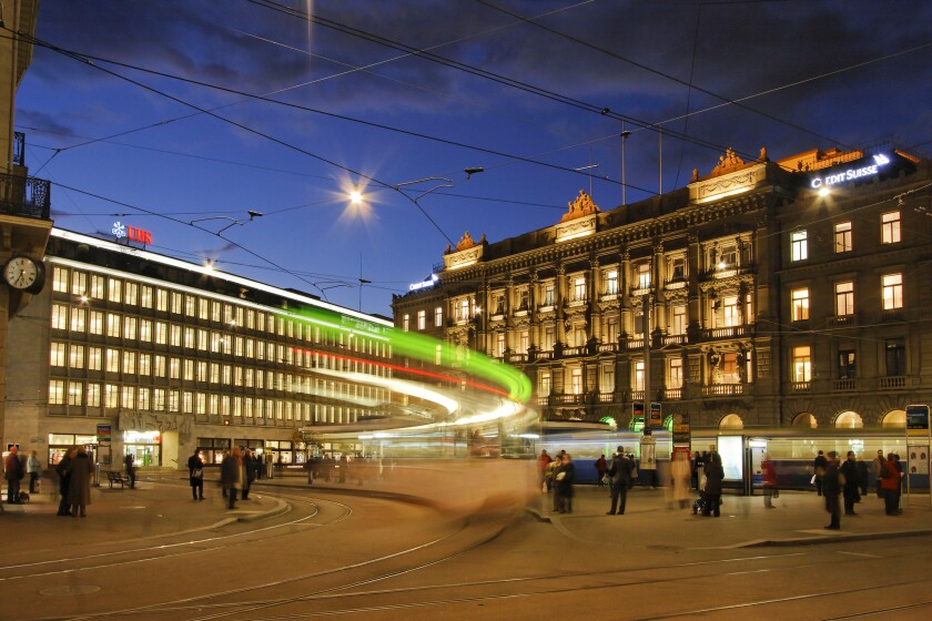 Bank UBS and Credit Suisse Bank at Paradeplatz, Tram, Zurich, Switzerland