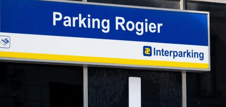 Entrance to Interparking Rogier underground parking facility in central Brussels. Brussels, Belgium 17 MAR 2026 Photo Werner Lerooy.