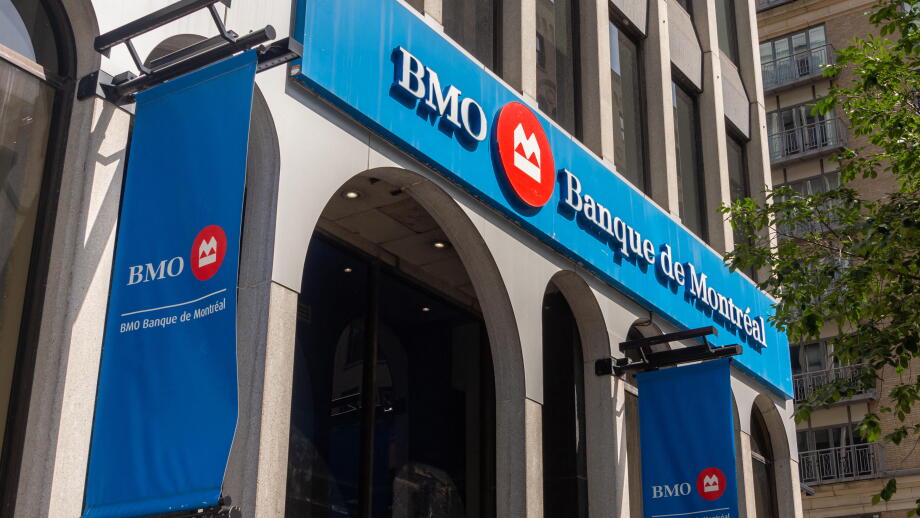 Montreal, CA - 3 September 2019: BMO branch on Peel street.
