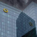 Commerzbank Tower in Frankfurt while Dark clouds passing by. Financial Business in Germany. Financial crisis. Banking industry