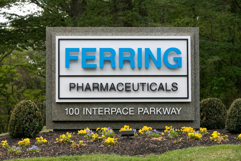 A logo sign outside of the headquarters of Ferring Pharmaceuticals Inc., in Parsippany, New Jersey.