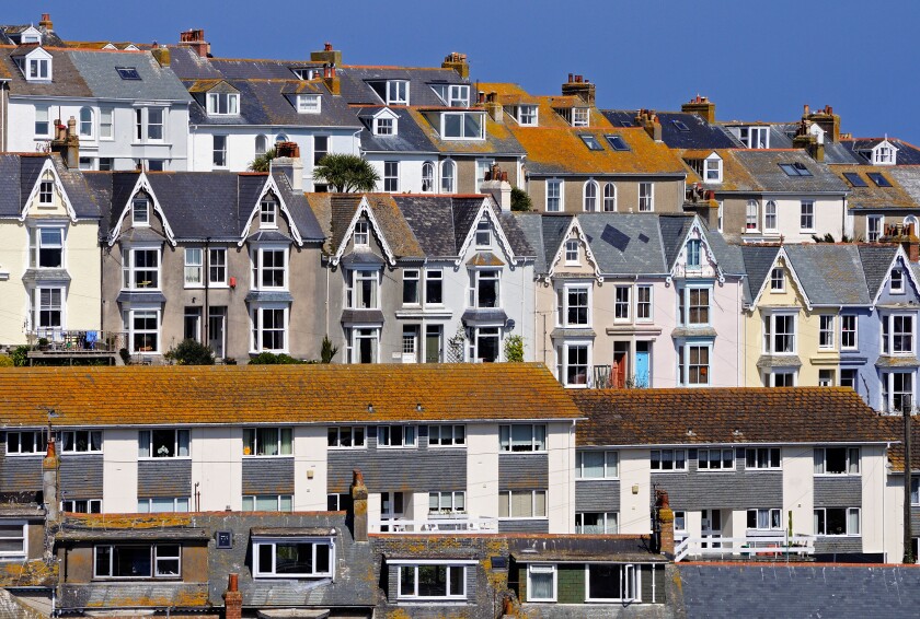 rows of terraced houses in st.ives, cornwall, uk