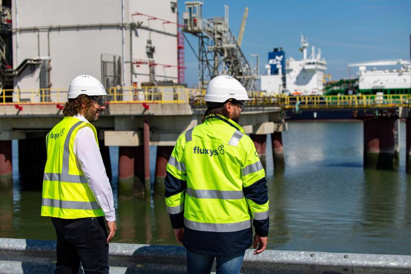 MR chairman Georges-Louis Bouchez pictured during a visit to the Fluxys LNG-terminal (liquefied natural gas) in Zeebrugge, Tuesday 23 August 2022. BELGA PHOTO KURT DESPLENTER