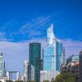 France, ile-de-France, Paris, La Defense, Courbevoie. From right to left, the First Tower or CB31 tower, CB21 Tower by Covivio, the Grande Arche, the