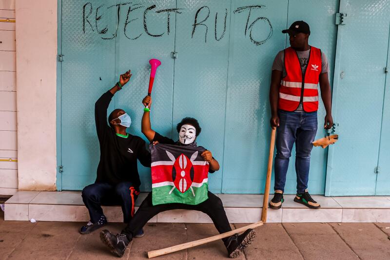July 2, 2024, Nairobi, Kenya: Protesters take part in an anti-government protest. Kenyan demonstrators took to the streets despite President William Ruto's announcement on 26 June that he would not approve a finance bill proposing new tax hikes. Anti-riot