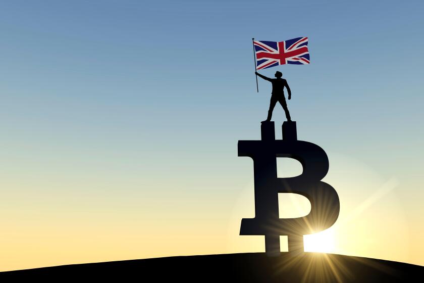Person waving a UK flag standing on top of a bitcoin cryptocurrency symbol. 3D Rendering