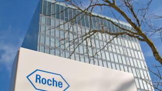 Rotkreuz, Zug, Switzerland - 28th March 2021 : Roche sign in front of the Roche Diagnostics Tower in Rotkreuz, Switzerland. F. Hoffmann-La Roche AG is