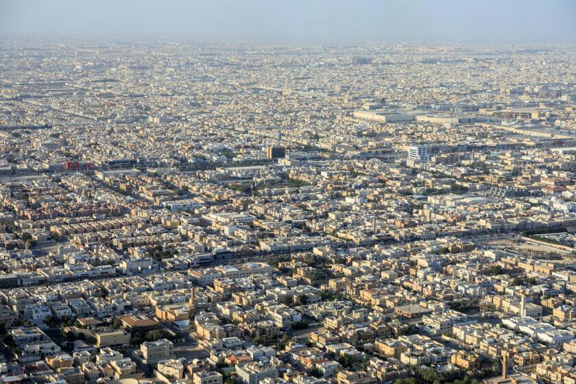 Riad, Saudi Arabia, February 14 2020: Aerial view of Riyadh downtown in Saudi Arabia. Photos were taken from the Skybridge in the Kingdom Tower
