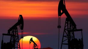 Oil pumps silhouette at colorful sunset