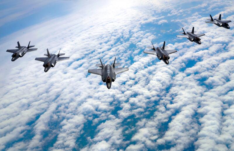 F-35 Lightning II's fly in formation during a training flight