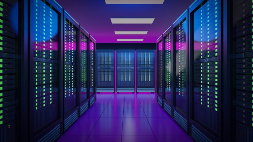 The,Row,Of,Hosting,Server,Racks,Container,With,Pink,Blue
