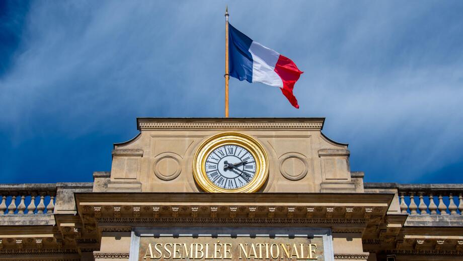 Detail of the facade of the French National Assembly building, also called Palais Bourbon or chamber of deputies, Paris, France