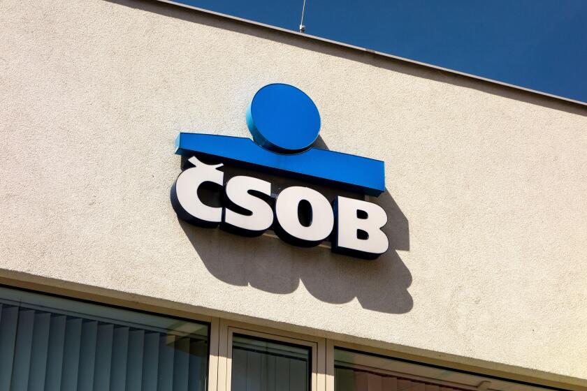 NACHOD, CZECH REPUBLIC - APRIL 28, 2018: Logo of the CSOB bank on a building in Nachod, Czech Republic