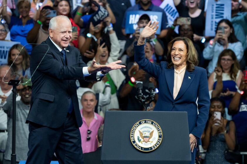 Philidelphia, United States. 06th Aug, 2024. Vice President and Presidential nominee Kamala Harris introduces her vice presidential candidate Minnesota Governor Tim Walz to the crowd during their first campaign rally at Temple University in Philadelphia, 