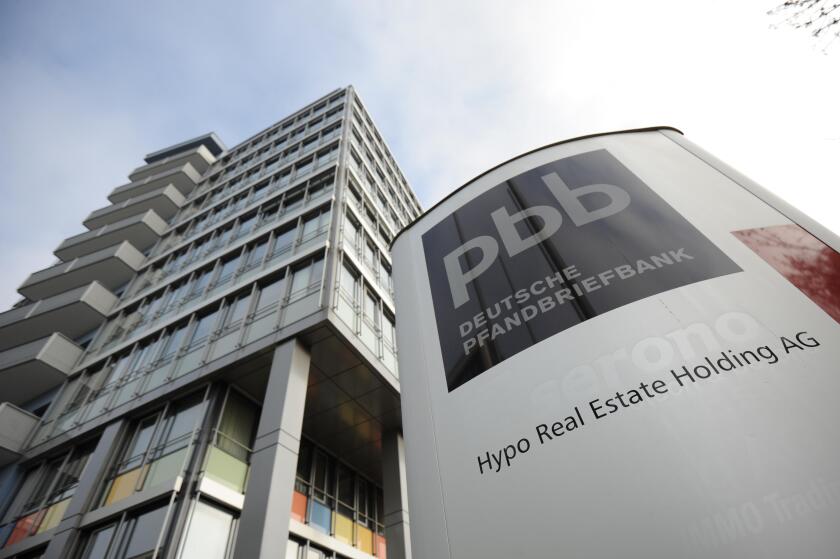 The logo of the Deutsche Pfandbriefbank seen in Unterschleissheim near Munich,&nbsp;Germany, 01&nbsp;November 2011. In the course of the investigation about the billion euro error of the Hypo&nbsp;Real Estate's 'bad bank', the HRE herself has come onto focus. According 
