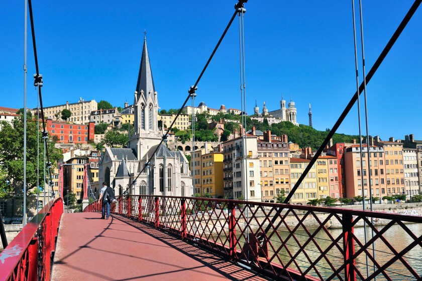 Pedestrian passerelle over the river Saone, Lyon, France.
