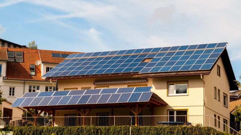 A house in Furtwangen, Baden-Wurttemberg, Germany with 111 solar panels on the roof. September.
