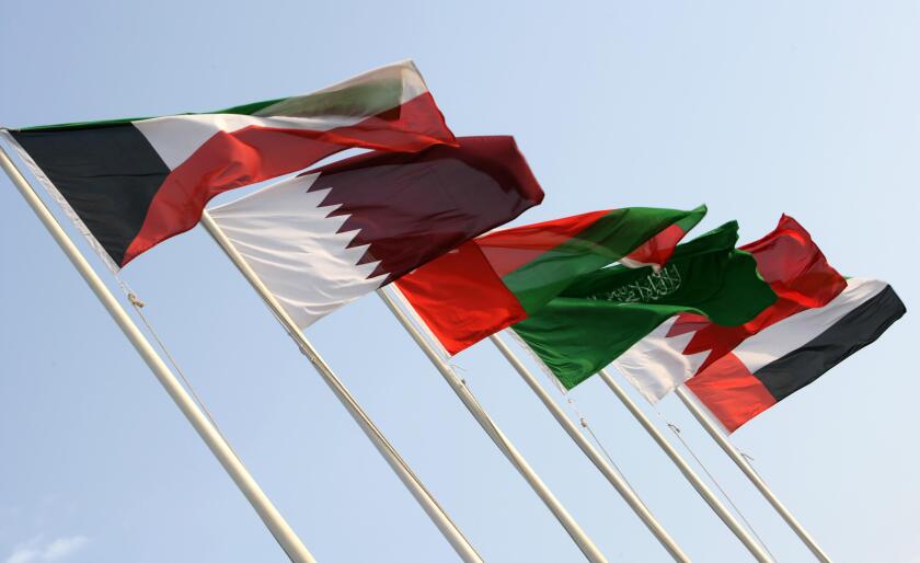 Flags of all 6 GCC, Cooperation Council for the Arab States of the Gulf or Gulf Cooperation Council, member states, Doha, Qatar