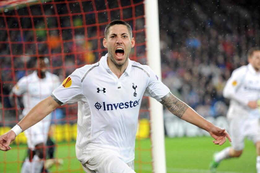 Basel, Switzerland. 11th April 2013. Clint Dempsey of Tottenham Hotspur celebrates his equaliser for 2-2 late in the Europa League game between FC Basel and Tottenham Hotspur from St. Jakob-Park.